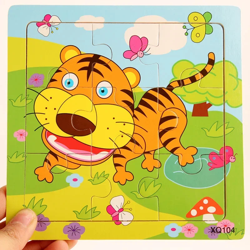 14*14CM Kids Wooden Puzzle Cartoon Animal Traffic Wood Puzzle Toys Educational Jigsaw Toys for Children Gifts Baby Toys 9 Pieces