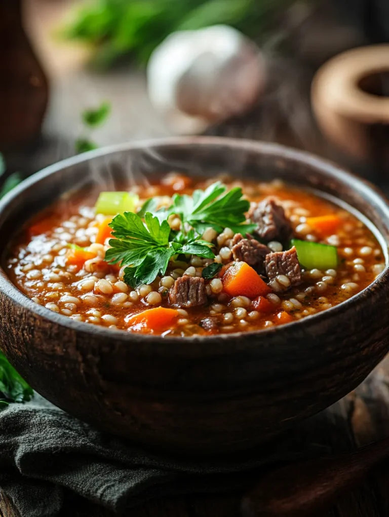 As the chill of winter sets in, there's nothing quite as comforting as a warm bowl of Hearty Beef Barley Soup. This rich and savory dish is packed with tender beef, vibrant vegetables, and chewy barley, making it the perfect one-pot meal to warm your soul. Imagine curling up with a steaming bowl of this homemade soup, the aroma wafting through your kitchen, and each spoonful rich with flavor. This recipe has been a family favorite for generations, and it’s sure to become a staple in your home too!