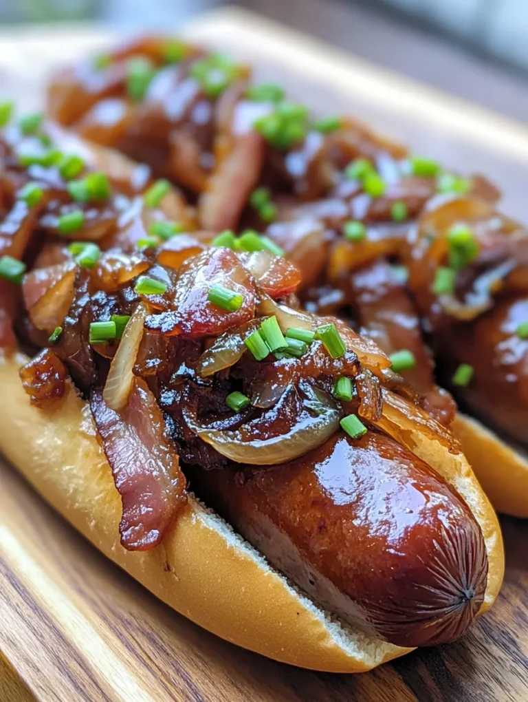 Nothing says winter comfort quite like the aroma of sizzling bacon and grilled hot dogs wafting through the air. Our Winter BBQ Bacon Dogs with Bourbon-Glazed Onions are a culinary celebration of flavors that will warm your heart and delight your taste buds. Picture this: a juicy beef hot dog wrapped in thick-cut bacon, topped with sweet, gooey bourbon-glazed onions, all nestled in a soft bun. This dish is perfect for winter gatherings, backyard barbecues, or even a cozy night in with family and friends!