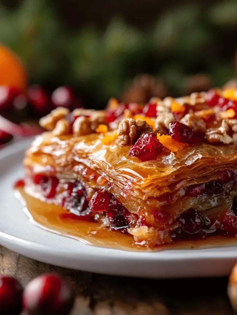 Imagine a fragrant tray of Cranberry Orange Holiday Baklava, golden and crisp, adorned with layers of flaky phyllo pastry and a luscious nutty filling accented by sweet and tangy flavors. This delightful dessert is not just a treat for the taste buds but a symbol of tradition, celebration, and joy during the festive season. Whether you're hosting family gatherings or preparing for a holiday party, this baklava is sure to impress everyone. It's no wonder this dish is an all-time favorite during holidays; the combination of cranberries and oranges gives it a refreshing twist while keeping the spirit of classic baklava intact!