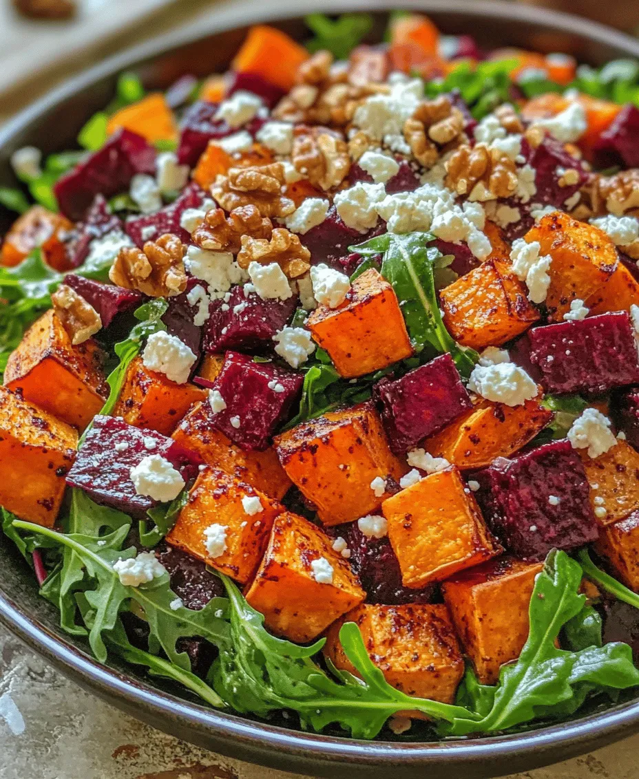 If you're on the lookout for a salad that not only tantalizes your taste buds but also brings a splash of color to your table, look no further than the Vibrant Roasted Beet and Sweet Potato Salad with Feta and Walnuts. This delightful dish combines the earthiness of roasted beets and the sweetness of sweet potatoes, complemented by the creamy richness of feta cheese and the crunchy texture of walnuts. Perfect for any occasion, this salad can be served as a refreshing side or as a satisfying main dish, making it a versatile addition to your culinary repertoire.