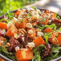 If you're on the lookout for a salad that not only tantalizes your taste buds but also brings a splash of color to your table, look no further than the Vibrant Roasted Beet and Sweet Potato Salad with Feta and Walnuts. This delightful dish combines the earthiness of roasted beets and the sweetness of sweet potatoes, complemented by the creamy richness of feta cheese and the crunchy texture of walnuts. Perfect for any occasion, this salad can be served as a refreshing side or as a satisfying main dish, making it a versatile addition to your culinary repertoire.