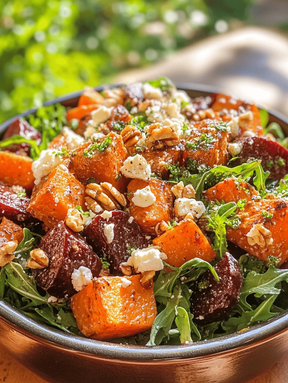 If you're on the lookout for a salad that not only tantalizes your taste buds but also brings a splash of color to your table, look no further than the Vibrant Roasted Beet and Sweet Potato Salad with Feta and Walnuts. This delightful dish combines the earthiness of roasted beets and the sweetness of sweet potatoes, complemented by the creamy richness of feta cheese and the crunchy texture of walnuts. Perfect for any occasion, this salad can be served as a refreshing side or as a satisfying main dish, making it a versatile addition to your culinary repertoire.