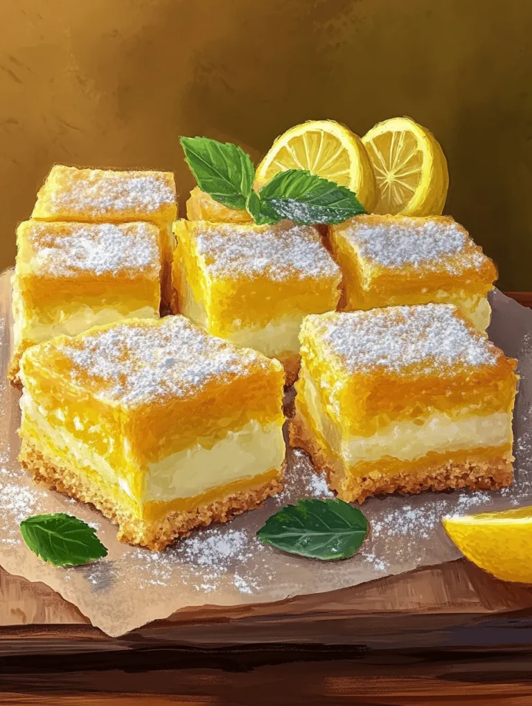 Imagine biting into a perfectly refreshing lemon bar that combines a velvety smooth texture with an irresistible zesty flavor. These Zesty Bliss Lemon Bars are the perfect balance between sweetness and tartness, making them a beloved dessert for every occasion. Whenever I prepare this dish, it reminds me of summertime picnics and family gatherings where laughter fills the air. With just a few simple ingredients, you'll have a delightful treat that is sure to impress your friends or family.