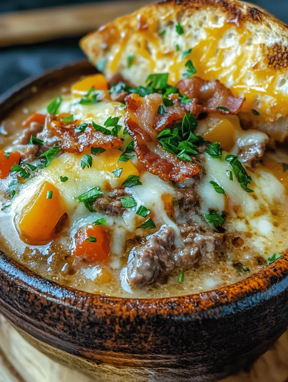 One-Pot Philly Cheesesteak Soup with Bacon and Cheesy Toast