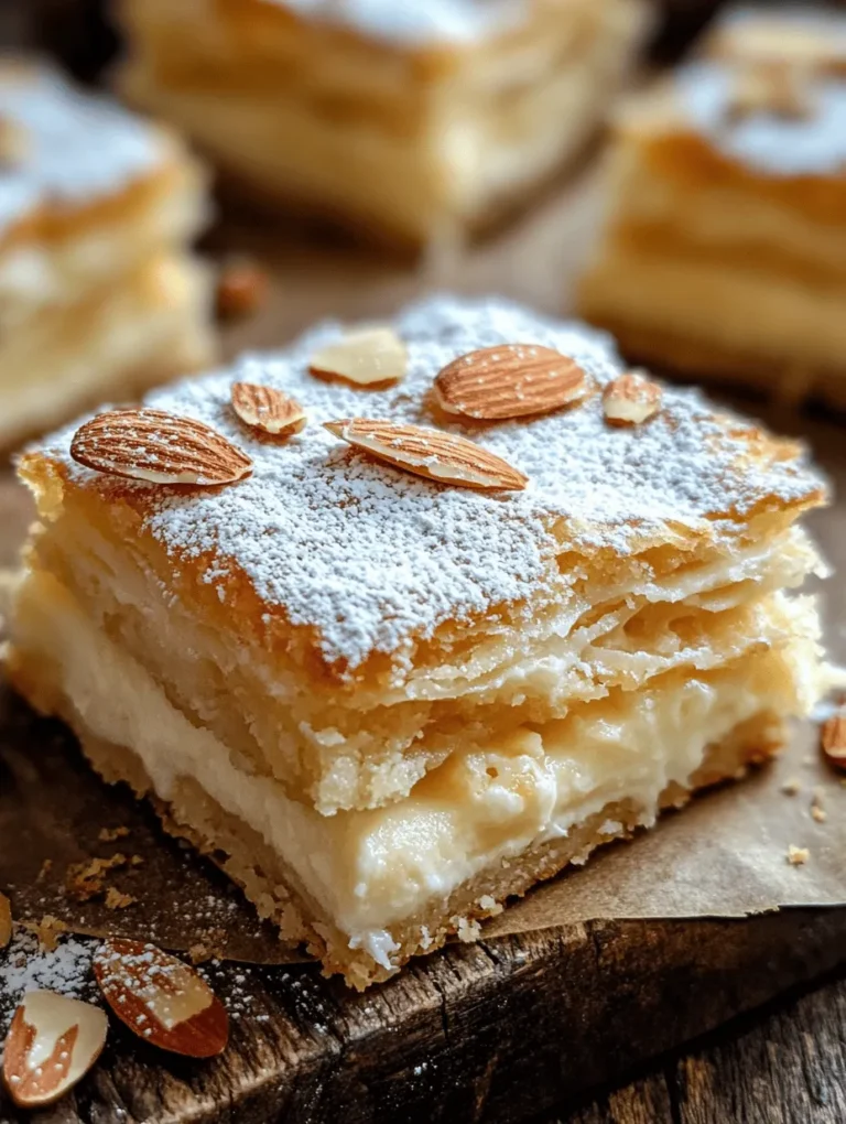 Indulge your senses with these Buttery Almond Cream Pastry Squares! Perfectly flaky pastry meets a rich almond cream filling, creating a harmony of textures that is simply irresistible. These delightful squares are always a hit at gatherings, bringing nostalgia for classic patisserie treats that combine simplicity with elegance. Whether served at a brunch, afternoon tea, or as a sweet treat after dinner, these pastries evoke warmth and comfort in every bite.