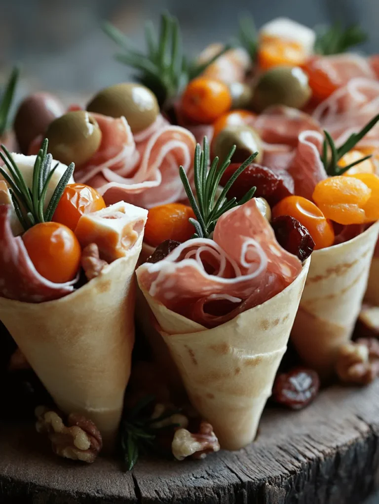 Imagine a festive gathering where guests are greeted by the sight of Elegant Charcuterie Cones filled to the brim with colorful, delectable bites. These visually stunning cones not only offer a delightful variety of flavors but also provide an interactive and elegant way to serve your favorite charcuterie items. This easy-to-make dish is perfect for parties, picnics, or any celebration. With each bite, you’ll experience a delightful mix of savory cured meats, rich cheeses, fresh produce, and sweet dried fruits all wrapped in a charming display.