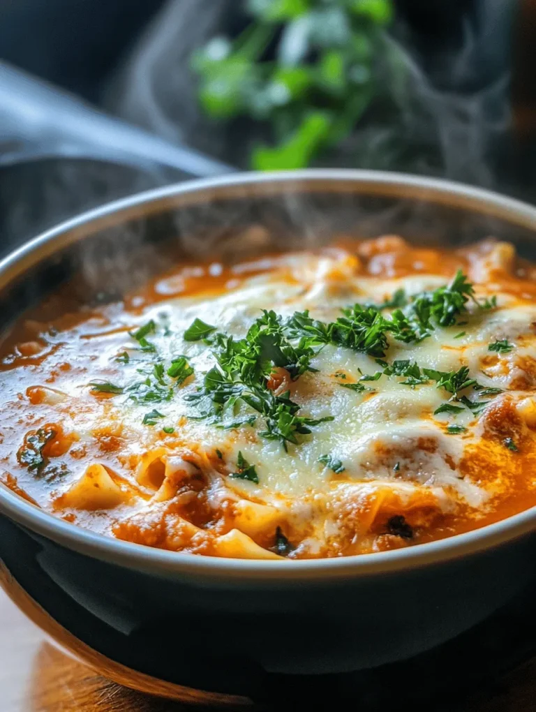 Imagine a hearty bowl of cheesy comfort lasagna soup filled with layers of rich flavors, creamy cheeses, and tender noodles that warm your heart and soul on a chilly day. This dish is a delightful twist on traditional lasagna, transforming all those beloved flavors into a cozy, easy-to-make soup. Whether you're cooking for a family gathering or just craving some comfort food for yourself, this recipe is sure to become a cherished favorite in your kitchen.