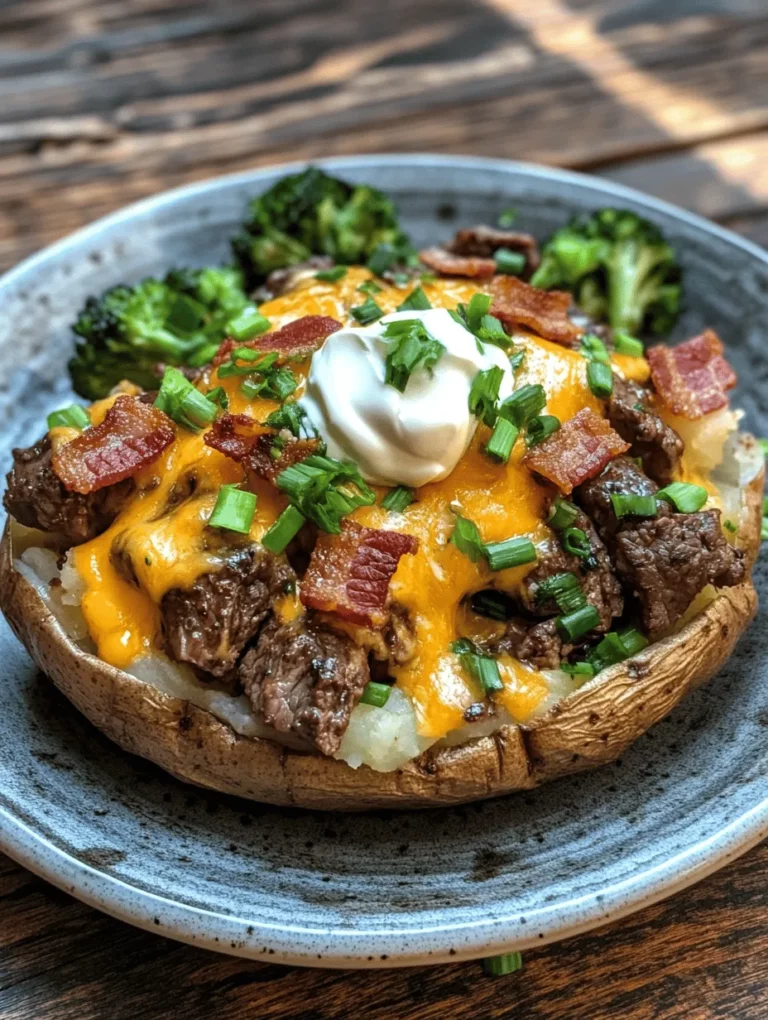 If you're looking for a satisfying meal that combines comfort and gourmet flair, look no further than the Loaded Baked Potato with Steak Bites! Imagine sinking your fork into a fluffy potato generously stuffed with perfectly cooked sirloin steak, melted cheese, crispy bacon, and creamy sour cream. This dish is not only a feast for the eyes but also a mouthwatering experience that brings together distinct flavors and textures. It's perfect for family dinners, gatherings, or as a special treat to reward yourself after a long day!