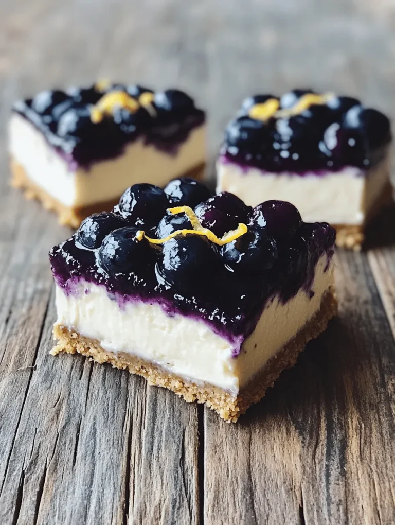 If you're a fan of dessert that tantalizes the taste buds, then these Blueberry Lemon Cheesecake Bars will become your new favorite! Imagine creamy, luscious cheesecake infused with zesty lemon and topped with a vibrant, tangy blueberry sauce. This delightful combination makes for a perfect summer treat or a lovely end to any meal. The contrast between the tart blueberries and the sweet, creamy cheesecake is simply irresistible. Whether it's a picnic, a family gathering, or just a quiet night in, these cheesecake bars are sure to impress your guests and make you shine as a home cook!