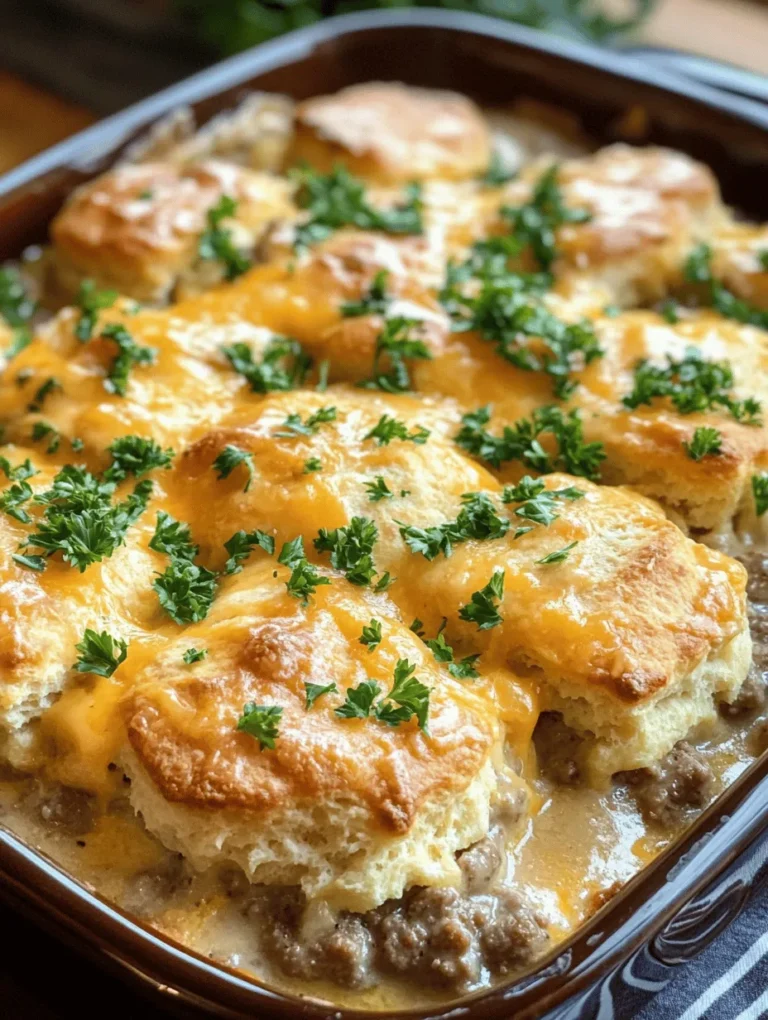 Imagine a warm, gooey dish that envelops your senses with its rich, savory aroma. This Sausage Gravy and Cheddar Biscuit Bake is the ultimate comfort food that brings together fluffy biscuits, savory sausage gravy, and melted cheddar cheese harmoniously layered into a warm casserole. Perfect for brunch or family gatherings, this dish is sure to please even the pickiest eaters. It takes the classic combination of biscuits and gravy and elevates it to new levels of deliciousness.