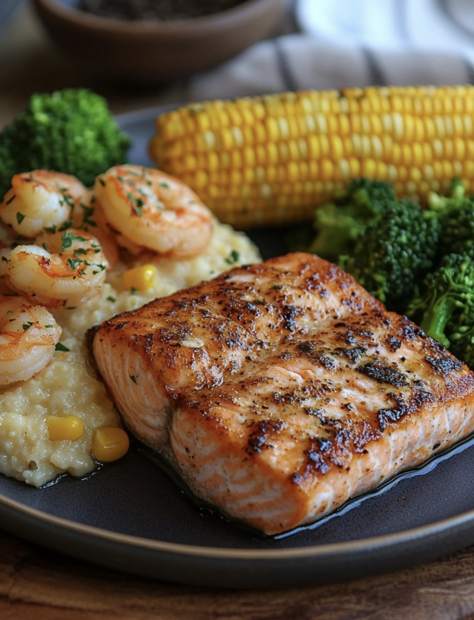 Baked Salmon and Shrimp with Cheddar Grits, Roasted Corn, and Broccoli