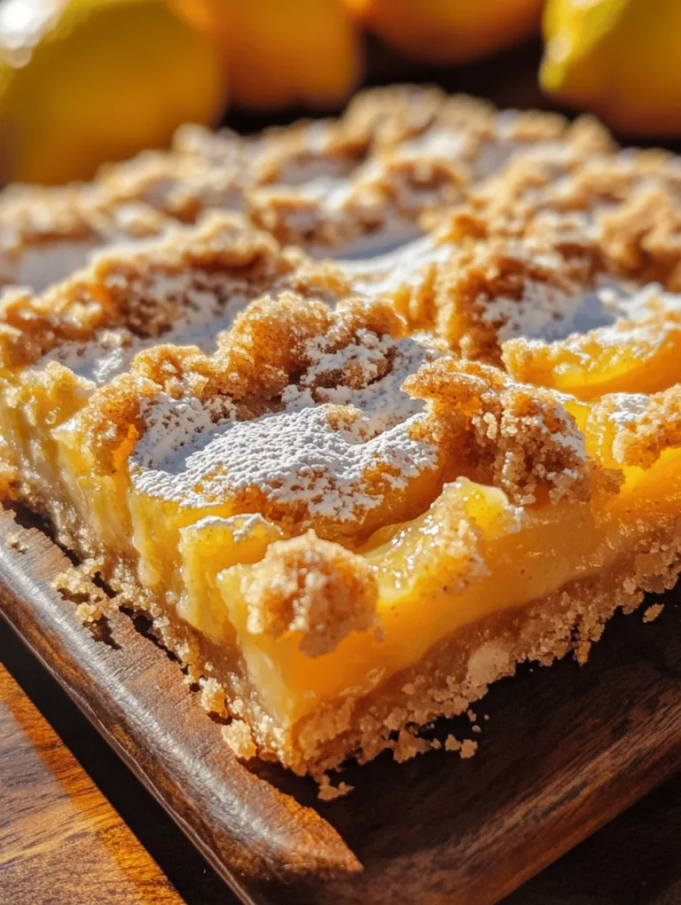 Zesty Lemon Crumb Bars are a delightful treat that combines the bright, tangy flavor of fresh lemons with a buttery, crumbly crust. This dessert is not just a feast for the taste buds but also a visual delight, showcasing a vibrant yellow filling nestled between layers of golden crumb topping. Perfect for a summer picnic, a family gathering, or simply as a sweet indulgence at home, these bars are easy to make and sure to please any lemon lover.