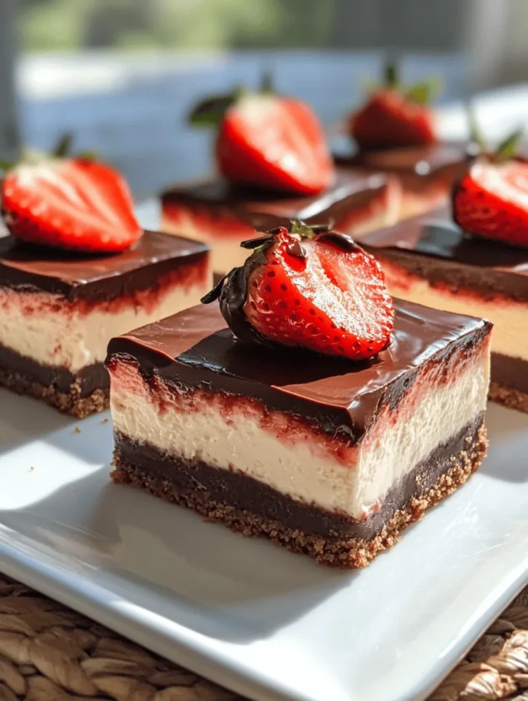 Looking to impress at your next gathering? These Chocolate-Dipped Strawberry Cheesecake Bars are not only visually stunning but utterly delicious! Imagine taking a bite of smooth and creamy cheesecake infused with fresh strawberry puree, all resting on a buttery graham cracker crust, and then being greeted with the delightful richness of semi-sweet chocolate. This dessert is a celebration of flavors that marries the best of cheesecake and fresh strawberries – making it a perfect treat for any occasion!