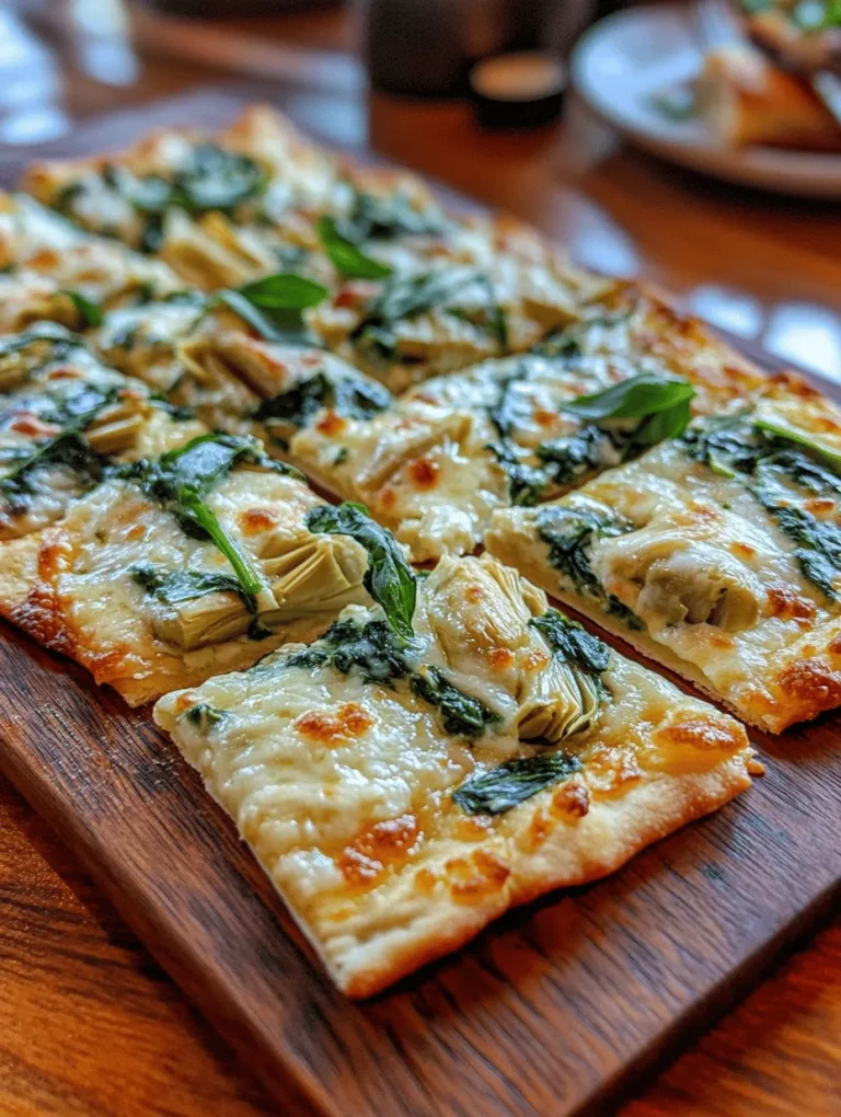 If you're in the mood for a deliciously satisfying appetizer or light meal, look no further than this Savory Spinach Artichoke Flatbread! This flavorful dish boasts a tantalizing combination of creamy cheese blended with fresh spinach and artichokes, all on a crispy flatbread base. It's perfect for gatherings, game nights, or a cozy evening at home. Trust us—once you try this recipe, it will become a favorite in your household!