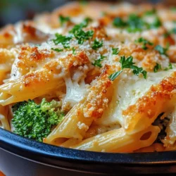 The appeal of the Creamy Garlic Parmesan Chicken Pasta Bake lies in its rich and creamy texture, complemented by savory flavors that create a symphony of taste in every bite. The star of the dish, the creamy sauce, envelops the pasta, chicken, and vegetables, providing a delightful mouthfeel that is both indulgent and satisfying.