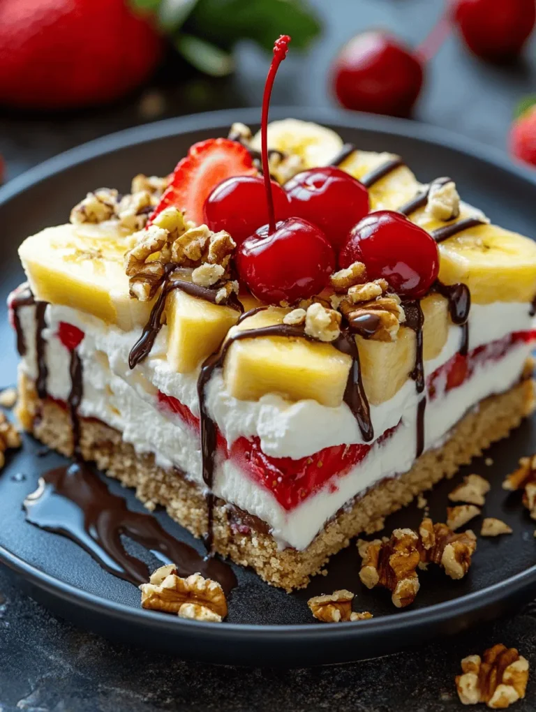 Imagine sinking your fork into a luscious, creamy dessert that tastes like a festive banana split but without the hassle of baking! This No-Bake Banana Split Cake Delight is the ultimate summer treat, reminiscent of childhood ice cream sundaes with the added charm of fresh fruit. It brings joy to gatherings, potlucks, and family dinners, leaving everyone asking for seconds. Join me in making this delightful dessert that's not only easy to whip up but also an absolute showstopper!