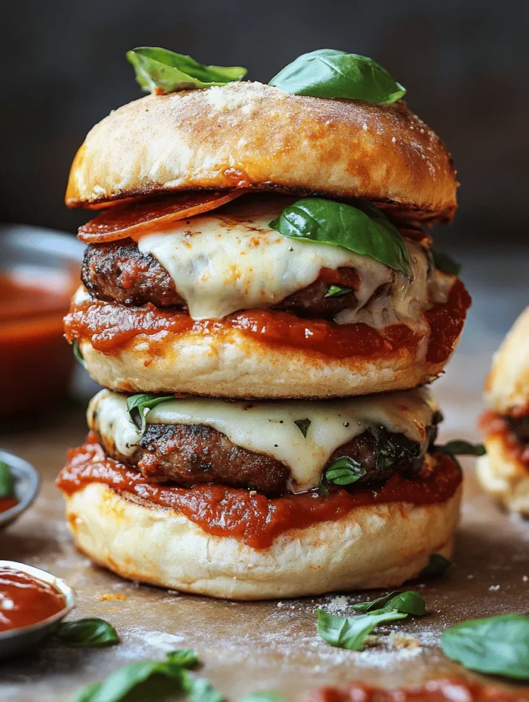 Imagine sinking your teeth into a burger that combines the best of two beloved dishes: pizza and a juicy burger. The Pizza Burgers Delight brings together the rich taste of marinara sauce, gooey mozzarella, and the classic flavors of Italian seasoning all encased in a perfectly grilled beef patty. Perfect for family gatherings or casual Friday nights, this dish is sure to create memorable moments around the dinner table. Whether you're a pizza lover or a burger aficionado, this recipe is a must-try that satisfies every craving!