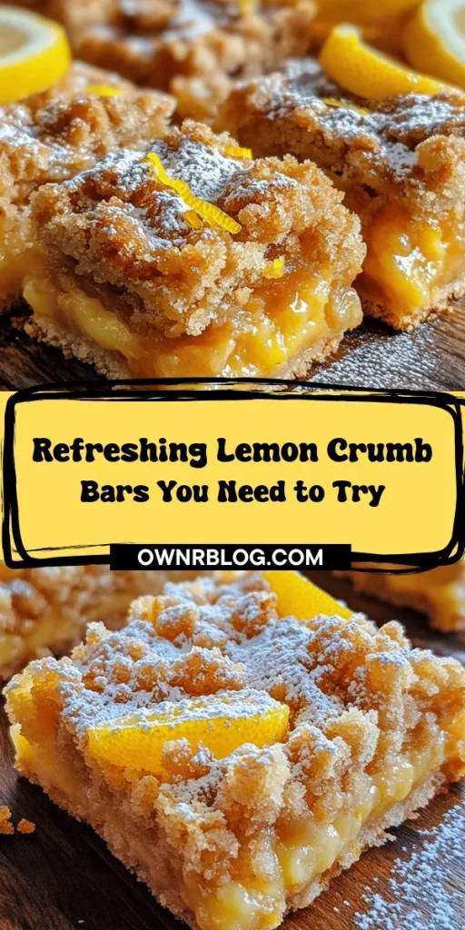 Brighten your dessert table with these Tart & Sweet Lemon Crumb Bars! This recipe beautifully combines zesty lemon flavor with a crumbly topping, creating the perfect treat for any occasion. With just a few fresh ingredients and simple steps, even beginner bakers can whip up these delightful bars. Perfect for summer picnics or family gatherings, they are sure to impress! #LemonBars #DessertRecipe #BakingAtHome #SweetTreats #EasyRecipes #CitrusDesserts #SummerBaking