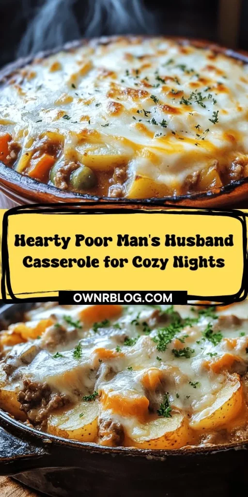 Discover the ultimate comfort food with the Poor Man's Husband Casserole! This hearty, budget-friendly dish combines ground beef (or turkey), potatoes, and mixed veggies for a deliciously fulfilling meal perfect for busy weeknights. Not only is it easy to make, but it also brings back warm memories of family gatherings. Check out the recipe for a flavor-packed casserole that everyone will love! #Casserole #ComfortFood #BudgetFriendly #FamilyDinner #EasyRecipes