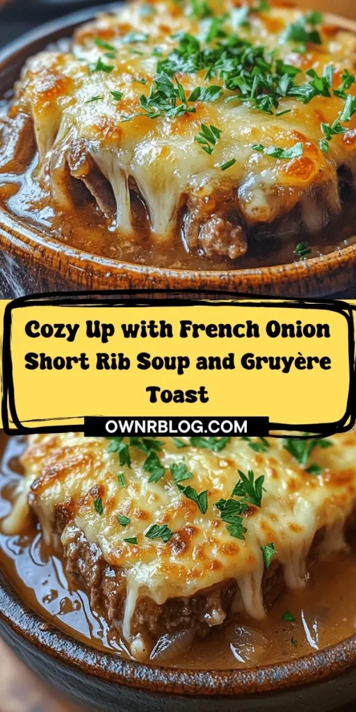 Warm up with a bowl of French Onion Short Rib Soup topped with creamy Gruyère toast. This comforting dish combines the savory flavors of slow-cooked short ribs and sweet caramelized onions for a rich, indulgent meal. With melted Gruyère cheese complementing the crispy toast, it's perfect for cozy evenings or impressing guests. Discover the step-by-step guide to create this delicious recipe that's sure to become a favorite. #FrenchOnionSoup #ShortRibSoup #ComfortFood #Cuisine #GruyèreToast #Recipe #Foodie #CookingAtHome #DeliciousMeals