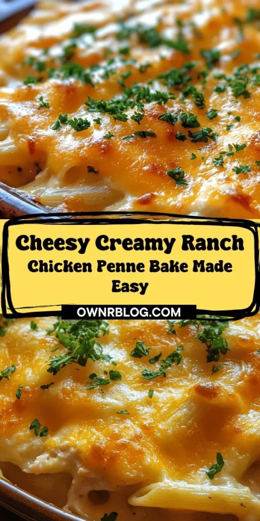 Discover the ultimate comfort food with this Creamy Ranch Chicken Penne Bake! This easy and delicious casserole features al dente penne pasta, tender chicken, and a rich, creamy ranch dressing that will satisfy any craving. Perfect for family dinners or gatherings, this dish is a true crowd-pleaser. Elevate your meals with this wholesome recipe that everyone will love! #Pasta #ComfortFood #EasyRecipes #DinnerIdeas #RanchChicken #FamilyMeals #PastaBake