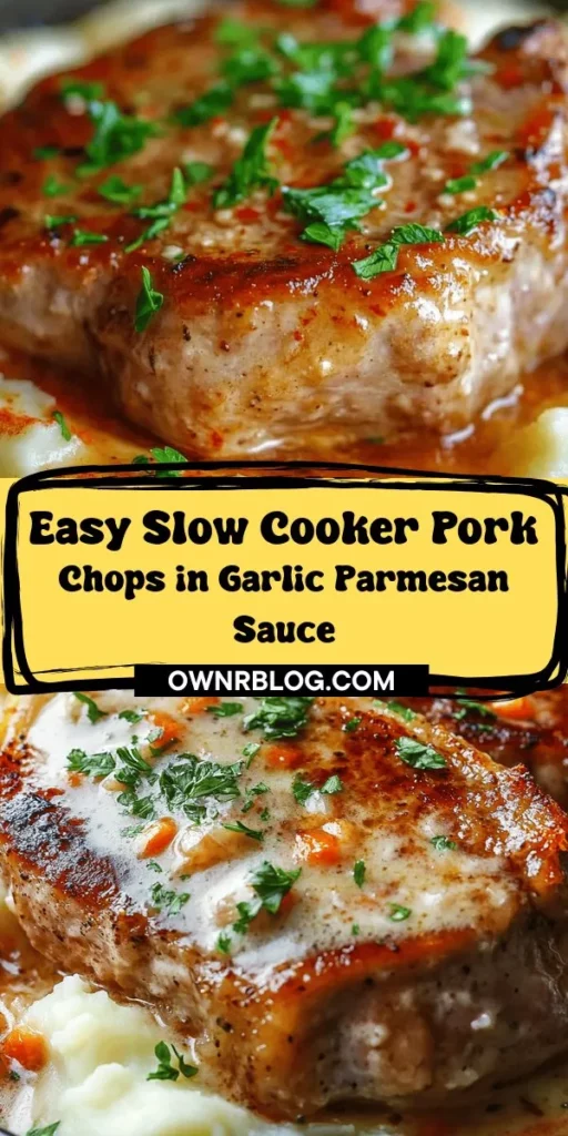 Discover the ultimate comfort food with these Slow Cooker Pork Chops smothered in a creamy Garlic Parmesan Sauce. This easy-to-follow recipe is perfect for busy nights when you want a delicious meal without the fuss. Simply season and sear the pork chops, then let the slow cooker work its magic while you attend to other things. The rich flavors of garlic and Parmesan elevate the dish, making it ideal for family dinners or impressing guests. Pair it with mashed potatoes or steamed veggies for a complete meal that's sure to satisfy. Get ready to savor every bite!