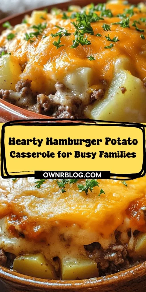 Looking for a comforting meal that the whole family will love? Try this Easy Hamburger Potato Casserole! Made with hearty ground beef, creamy mushroom soup, gooey cheese, and frozen diced potatoes, this dish is not only delicious but also a breeze to prepare. Perfect for busy weeknights, it allows for easy customization based on your preferences. Enjoy the warmth and flavor this casserole brings to the table! #Casserole #DinnerIdeas #FamilyMeals #ComfortFood #EasyRecipes #HomeCooking #QuickMeals