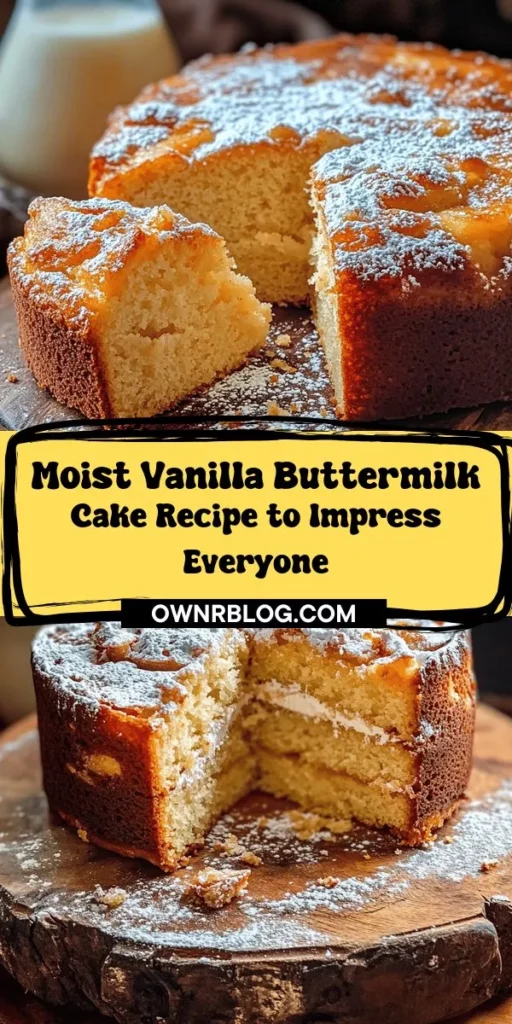 Indulge in the bliss of a Moist Vanilla Buttermilk Cake, perfect for any celebration or just because! This delightful dessert blends rich vanilla and tangy buttermilk, ensuring every bite is incredibly moist and flavorful. Easy to make and beautifully versatile, customize it with fruits or spices to suit your taste! Elevate your baking game and impress your friends and family with this comforting treat. #VanillaCake #Baking #DessertRecipes #ButtermilkCake #Foodie #SweetTreats