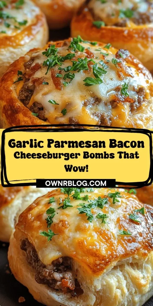 Elevate your snacking game with these scrumptious Garlic Parmesan Bacon Cheeseburger Bombs! Perfect for gatherings or a cozy night in, these delicious bites combine the classic cheeseburger flavors with flaky biscuit dough. Packed with juicy ground beef, crispy bacon, and a blend of cheddar and Parmesan cheeses, each bomb delivers a burst of savory goodness. Easy to make and even better to eat, these comfort food gems are sure to impress anyone at your next event. Get ready to indulge in this flavorful fusion that everyone will love!