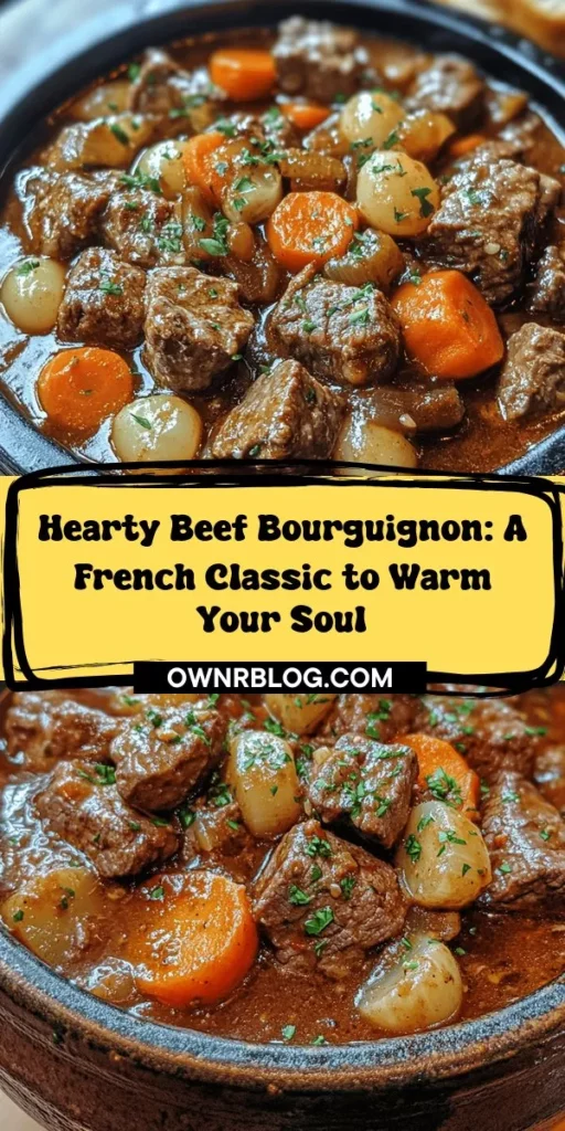 Indulge in the rich flavors of Classic Beef Bourguignon, a beloved French stew that transforms simple ingredients into a comforting masterpiece. Made with tender beef chuck, red Burgundy wine, and aromatic vegetables, this slow-cooked delight is perfect for chilly evenings. Perfect for gatherings, it's more than a meal—it's a culinary tradition that brings loved ones together. Try it today for a warm embrace on your dinner table! #BeefBourguignon #FrenchCuisine #ComfortFood #Recipe #HomeCooking #FoodLovers