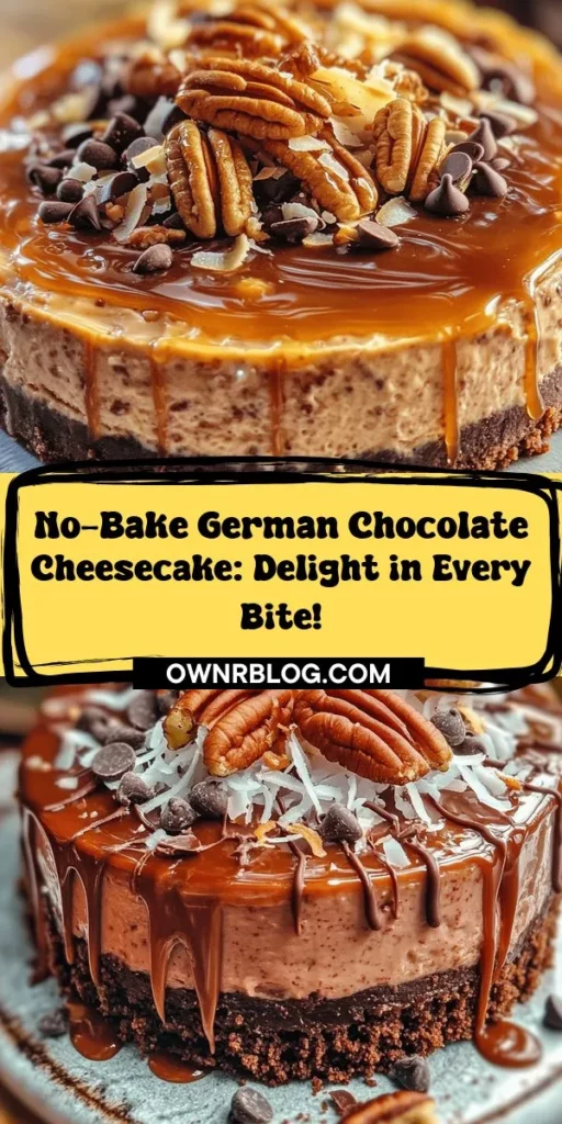 Satisfy your sweet tooth with this delightful no-bake German chocolate cheesecake! This easy recipe blends the rich flavors of German chocolate cake with creamy cheesecake for a crowd-pleasing dessert. Perfect for warm days, it features a buttery chocolate crust, silky filling, and a delicious topping of toasted coconut and pecans. Impress your guests without the hassle of baking, and enjoy every luscious bite. Whether for a special occasion or a simple treat, this cheesecake is sure to make lasting memories. Check out the recipe and elevate your dessert game!