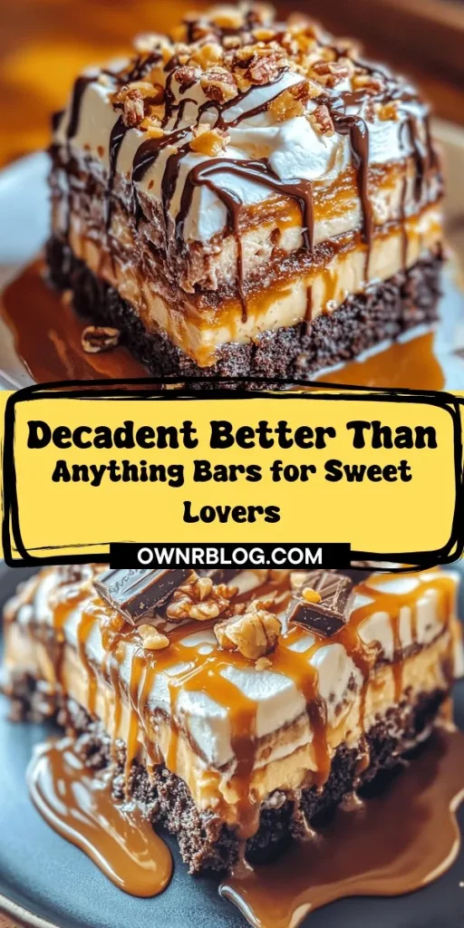 Indulge in the rich, decadent experience of Better Than Anything Bars, a treat that combines the ease of dessert bars with the richness of chocolate cake. With a moist chocolate cake base soaked in sweetened condensed milk and caramel sauce, and topped with fluffy whipped cream, this dessert is sure to wow your taste buds. Customize it with delicious toppings like crushed Butterfinger, chocolate syrup, and nuts for the perfect blend of flavors and textures. Perfect for any gathering, this recipe makes it easy for anyone to create a truly unforgettable chocolate delight at home.