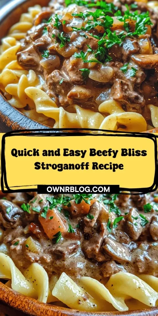 Indulge in the comforting goodness of Beefy Bliss Stroganoff, a modern twist on the classic dish! This easy recipe combines savory ground beef, aromatic veggies, and creamy sauce, all served over tender egg noodles. Perfect for busy weeknights or family gatherings, this hearty meal is sure to satisfy every palate. Try it out and enjoy the delicious flavors! #BeefStroganoff #ComfortFood #DinnerIdeas #QuickMeals #Foodie #EasyRecipes #FamilyFavorites