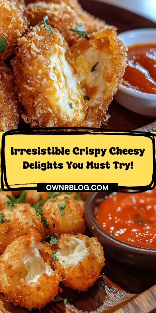 Get ready to satisfy your snack cravings with Crispy Cheesy Delights! These irresistible bites feature a crunchy exterior and a gooey, melty mozzarella center that will please kids and adults alike. Perfect for parties or cozy nights in, this simple recipe combines flour, panko breadcrumbs, and your favorite seasonings for delicious flavor. Serve with marinara for a delightful dipping experience. Try this recipe today! #CrispyCheesyDelights #SnackRecipe #HomemadeGoodness #ComfortFood #YummySnacks #CheeseLovers