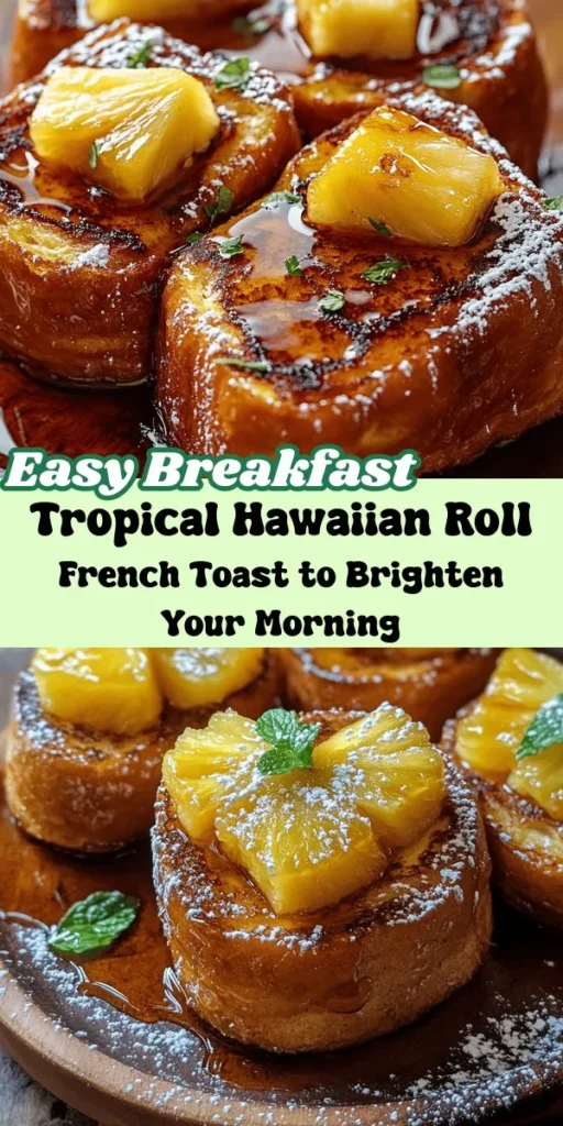 Elevate your breakfast game with this delightful Hawaiian Roll French Toast recipe! Using soft and sweet Hawaiian rolls, this twist on the classic French toast promises a perfect balance of crispy edges and a custard-like center. With a mixture of eggs, milk, vanilla, and a touch of cinnamon, each bite is an indulgent treat. Drizzle with maple syrup, add fresh pineapple, and a dusting of powdered sugar for the ultimate brunch experience. Whether for a cozy morning at home or a family gathering, this easy-to-follow recipe will impress everyone at the table. Discover how to make this tropical breakfast delight that will have everyone asking for seconds!