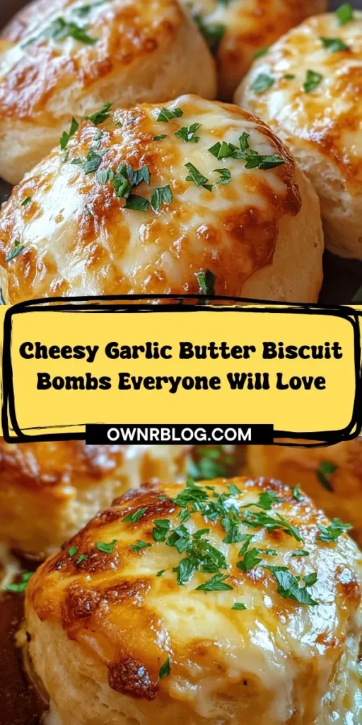 Discover the ultimate comfort food with these Cheesy Garlic Butter Biscuit Bombs! Warm, flaky biscuits envelop gooey cheese and are infused with rich garlic butter, making them irresistible snacks for any gathering. Quick and easy to prepare, they’re perfect for game nights or family get-togethers. Impress your guests with this simple yet delicious recipe that everyone will love. Get ready to indulge and enjoy! #BiscuitBombs #CheesyGoodness #ComfortFood #Appetizer #RecipeIdeas