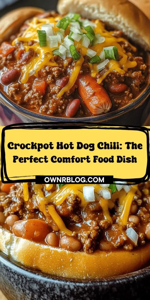 Discover the heartwarming flavors of Slow-Simmered Crockpot Hot Dog Chili, a unique twist on comfort food that's perfect for family gatherings or game day! This delicious chili combines traditional ingredients like ground beef, beans, and tomatoes with the playful addition of hot dogs. Customizable to suit your taste, it's easy to prepare in a slow cooker, making it a go-to meal for busy nights. Top it with cheese, jalapeños, or sour cream for added flair! #CrockpotChili #ComfortFood #HotDogChili #EasyRecipes #FamilyMeals