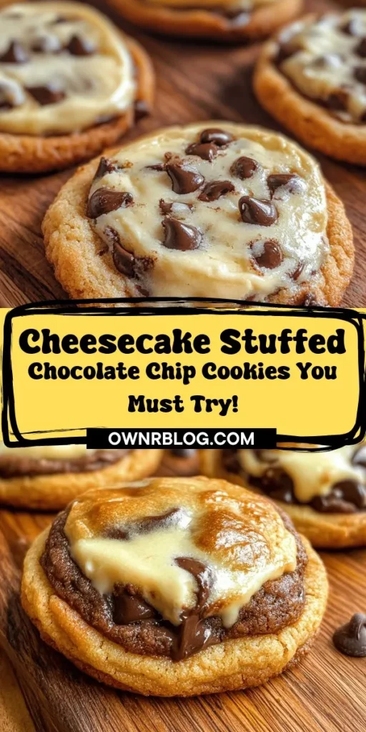 Indulge in pure bliss with this Cheesecake Stuffed Chocolate Chip Cookies recipe! These delightful treats blend the rich creaminess of cheesecake with warm, gooey chocolate chip cookies, creating an irresistible dessert. Perfect for parties or a sweet treat at home, follow our simple steps to impress friends and family. Ready to elevate your dessert game? Get the full recipe now! #CheesecakeCookies #DessertLovers #BakingFun #SweetTreats #ChocolateChipCookies