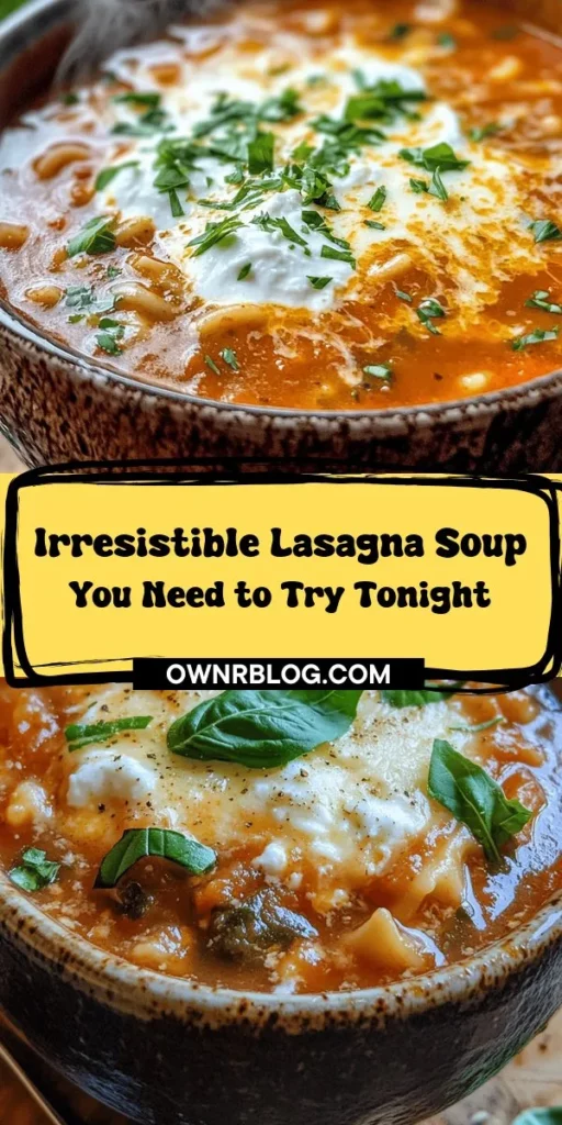 Discover the ultimate cozy dish with the best lasagna soup recipe! This hearty twist on the classic Italian lasagna features rich meat, tangy tomato sauce, and gooey cheese, all in a warm, comforting bowl. Perfect for chilly nights or family gatherings, this easy one-pot meal is full of flavor and can be customized to suit any dietary preference. Dive into a delightful culinary experience that everyone will love! #LasagnaSoup #ComfortFood #EasyRecipes #CookingAtHome #ItalianCuisine