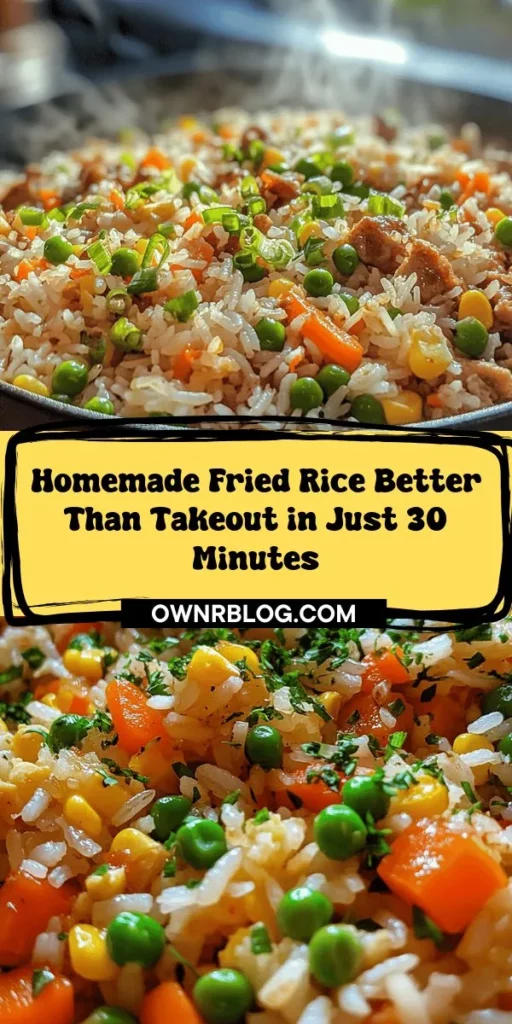 Discover the joy of homemade comfort with our Better Than Takeout Fried Rice recipe! This delicious dish is versatile, customizable, and saves you money while delivering all the flavors you crave. With day-old jasmine rice, fresh veggies, and your choice of protein, you can create a satisfying meal in no time. Perfect for using leftovers or simply enjoying a hearty dish, fried rice brings everyone together. Try it today and elevate your cooking game! #HomemadeFriedRice #ComfortFood #EasyRecipes #CookingAtHome #MealPrep #Foodie #DeliciousDishes #RiceLover