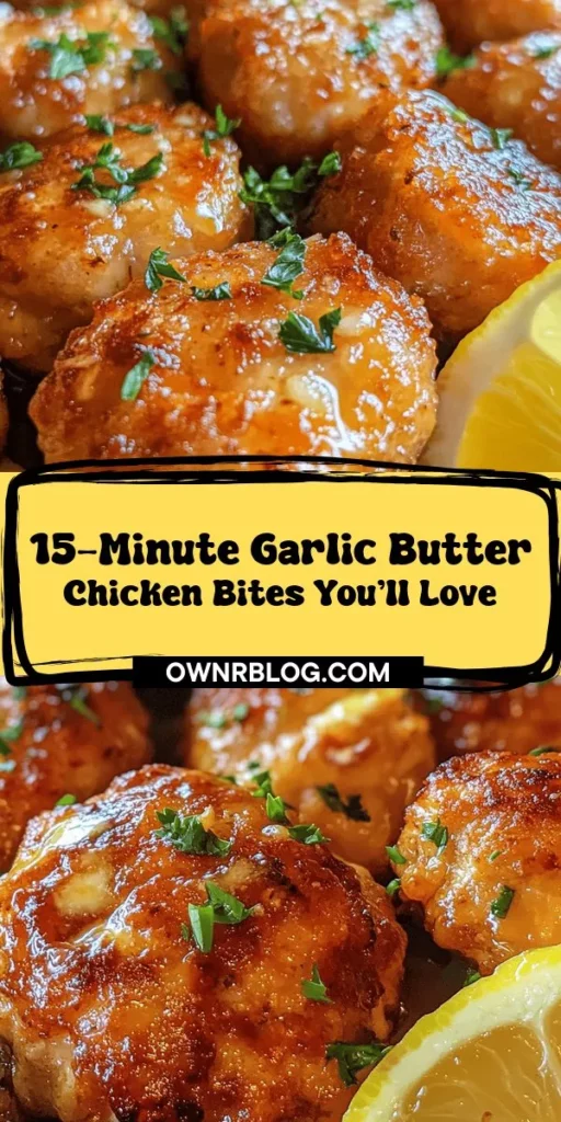 Looking for a quick and delicious meal? Try these Garlic Butter Chicken Bites! Ready in just 15 minutes, this dish combines savory garlic and rich butter for a flavor explosion. Perfect for busy weeknights or entertaining guests, these versatile bites can be easily modified to suit various dietary preferences. With simple ingredients and straightforward preparation steps, you'll impress your family and friends without the fuss. Plus, it's a nutritious choice packed with protein and health benefits. Explore this delightful recipe and enjoy a gourmet experience at home!