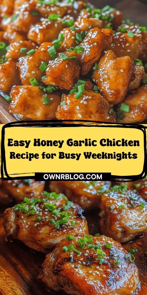 Looking for a quick and delicious dinner idea? Try this Sweet & Savory Honey Garlic Chicken! This easy recipe combines juicy chicken thighs with a flavorful marinade of honey, soy sauce, and garlic, creating a mouthwatering dish that everyone will love. Perfect for busy weeknights, it takes under an hour to prepare. Plus, you can customize it to fit your dietary preferences! Pair it with rice or your favorite veggies for a complete meal. Bring comfort and flavor to your table with this delightful recipe!