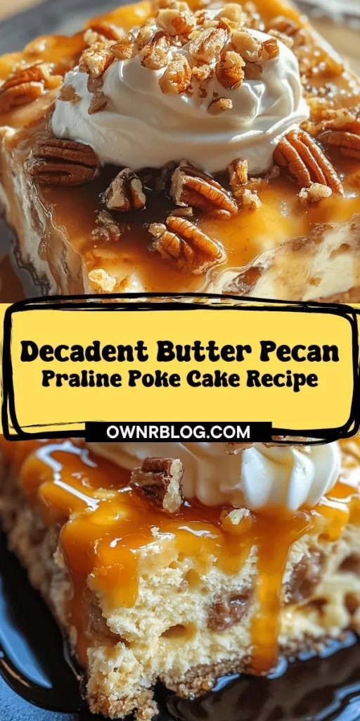 Indulge in the rich, comforting flavors of Butter Pecan Praline Poke Cake! This delightful dessert features a moist yellow cake soaked in a sweet praline topping, perfectly blended with crunchy pecans. Ideal for family gatherings or celebrations, this cake is a nostalgic treat that will impress everyone! Learn the easy steps to create this delicious poke cake and savor each bite of its buttery goodness. #PokeCake #ButterPecan #DessertRecipes #BakingJoy #ComfortFood