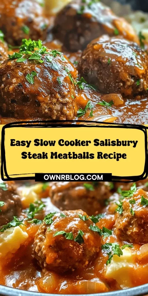 Discover the comforting flavors of Savory Slow Cooker Salisbury Steak Meatballs with this easy recipe! Perfect for busy weeknights, this dish combines frozen meatballs with a rich gravy, onions, and mushrooms, all cooked to perfection in your slow cooker. Just layer the ingredients, set your cooker, and let the magic happen while you enjoy your day. Serve over creamy mashed potatoes or rice for a satisfying family meal that everyone will love. Pin this recipe to bring nostalgia and warmth to your dinner table tonight!