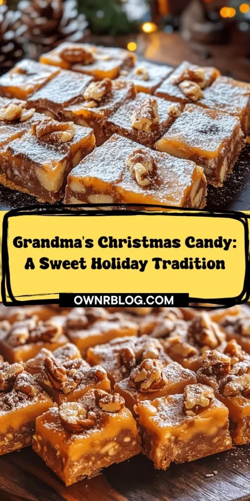 Create a festive atmosphere this holiday season with Grandma's Christmas Candy! This cherished recipe combines sweet and crunchy elements, bringing back warm memories of family gatherings and laughter. Learn about the key ingredients like granulated sugar, chocolate, and nuts, and follow simple steps to make these delightful treats. Perfect for gifting or adding to your holiday dessert table, Grandma's candy is a must-try! #ChristmasCandy #HolidayTreats #FamilyRecipes #BakingTraditions #NostalgicSweets