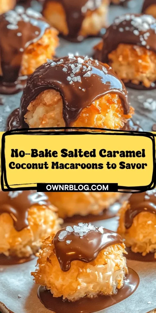 Dive into the delicious world of no-bake salted caramel coconut macaroons with this easy and flavorful recipe! Perfect for warm weather or when you're short on time, these treats combine chewy coconut and rich caramel, all balanced with a sprinkle of sea salt. Drizzled with chocolate and topped with extra salt, they not only look stunning but are sure to impress anyone you share them with. Ideal for gatherings, special occasions, or just a sweet craving, these macaroons are a delightful experience that anyone can recreate. 🍪✨