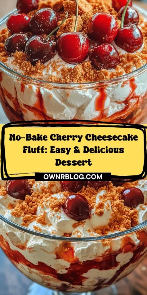 Discover the deliciousness of Cherry Cheesecake Fluff, a no-bake dessert that combines creamy cheesecake flavors and sweet cherry pie filling. Perfect for any occasion, this light and easy treat requires only a few ingredients and minimal preparation. Impress your guests with its beautiful layers and delightful taste! Try this irresistible dessert today! #CherryCheesecakeFluff #NoBakeDessert #DessertRecipes #EasyRecipes #CheesecakeLovers #CherryDessert #SweetTreats