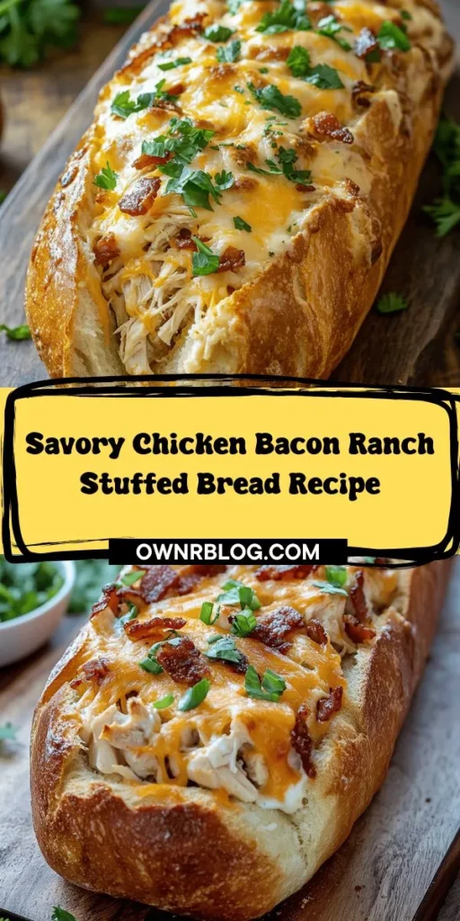 Discover the ultimate comfort food with this Chicken Bacon Ranch Stuffed Bread recipe! Perfectly baked crusty bread is filled with juicy chicken, crispy bacon, creamy ranch dressing, and gooey cheese, creating a delicious and hearty dish. This crowd-pleaser is versatile and easy to customize for any occasion, whether you're hosting a game day gathering or enjoying a cozy family dinner. Check out the recipe now and indulge in every savory bite!