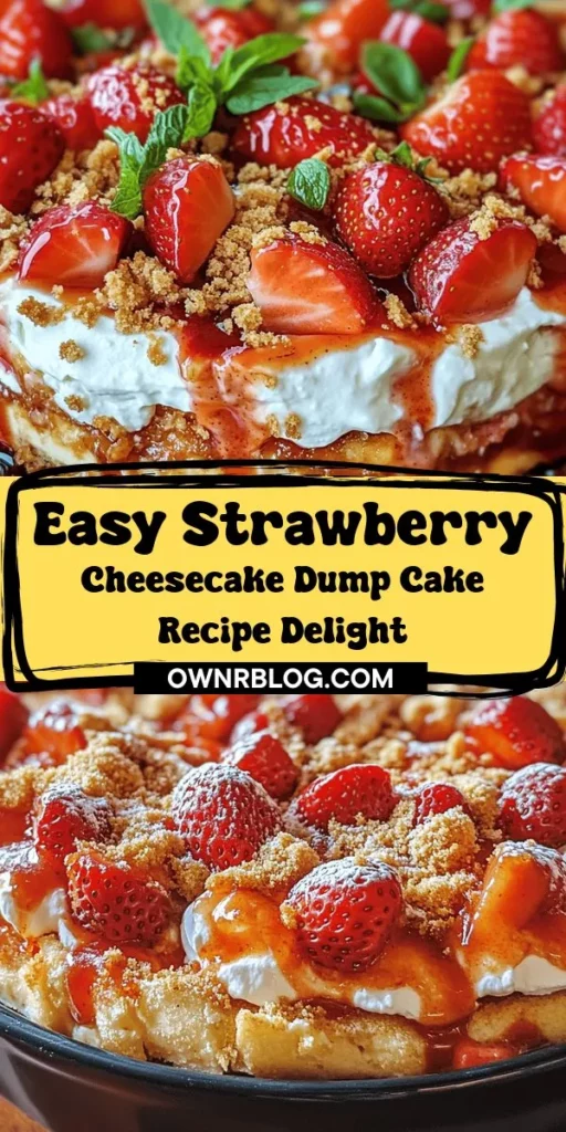 Discover the bliss of Strawberry Cheesecake Dump Cake Delight! This scrumptious dessert combines the flavors of creamy cheesecake and sweet strawberries with the ease of a dump cake. Perfect for gatherings or a cozy night in, its straightforward recipe makes it accessible for bakers of all levels. Indulge in its gooey texture topped with whipped cream and fresh fruit. Your taste buds will thank you! #DessertRecipe #DumpCake #Cheesecake #EasyBaking #StrawberryDelight